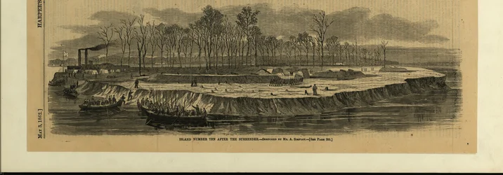 Print of Several Rowboats Full of Soldiers Disembarking onto River Island